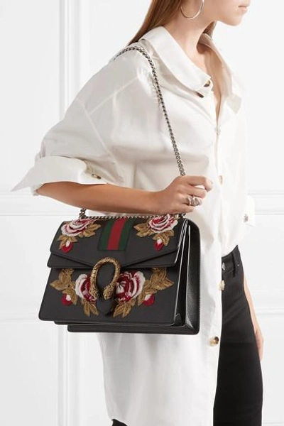 Shop Gucci Dionysus Medium Appliquéd Textured-leather Shoulder Bag In Black