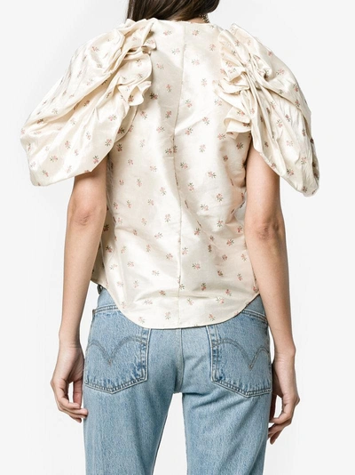 Shop Ronald Van Der Kemp Floral Embroidered V-neck Blouse With Puff Sleeves In Neutrals