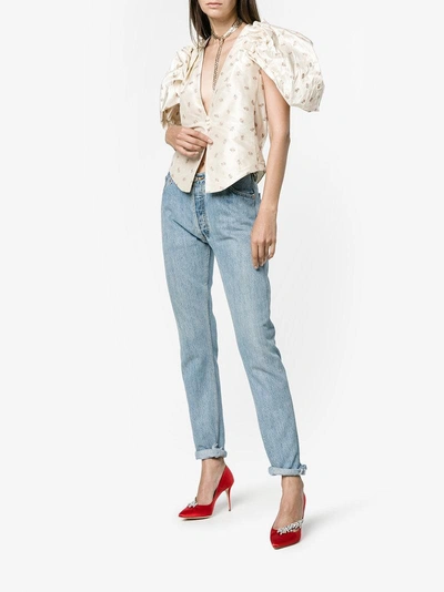 Shop Ronald Van Der Kemp Floral Embroidered V-neck Blouse With Puff Sleeves In Neutrals