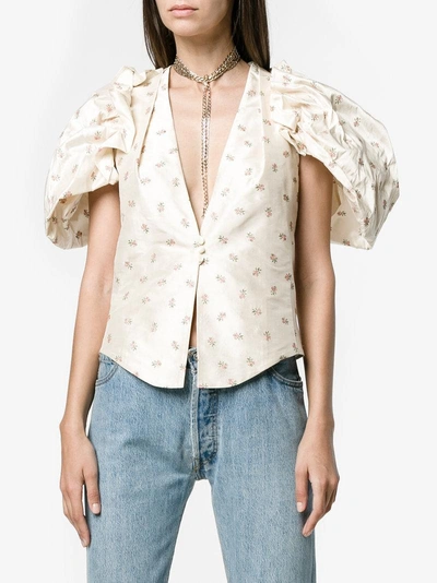 Shop Ronald Van Der Kemp Floral Embroidered V-neck Blouse With Puff Sleeves In Neutrals