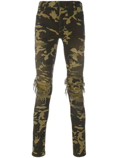 Shop Balmain Distressed Camouflage Jeans In Green