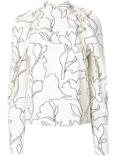Carven Draped High Neck Long-sleeve Printed Blouse In White | ModeSens