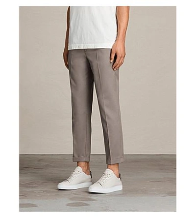 Shop Allsaints Tallis Regular-fit Tapered Cotton And Wool-blend Trousers In Soft Khaki Gre