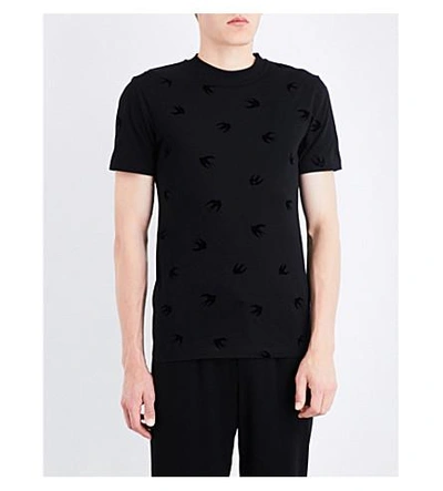 Shop Mcq By Alexander Mcqueen Swallow-flocked Cotton-jersey T-shirt In Darkest Black