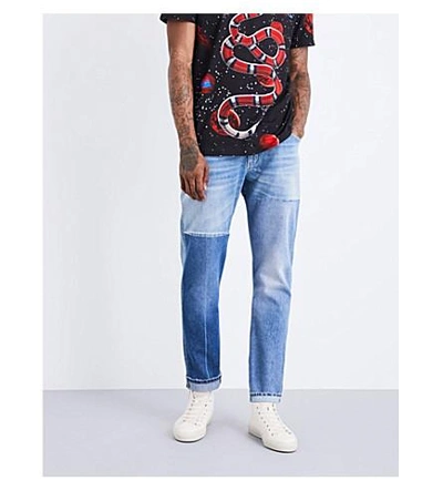 Shop Gucci Contrast-panel Regular-fit Tapered Mid-rise Jeans In Blue