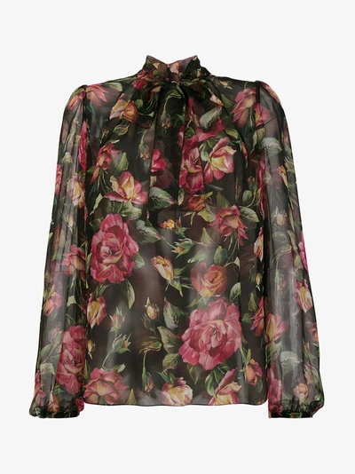 Shop Dolce & Gabbana Chiffon Floral Print Blouse In Black