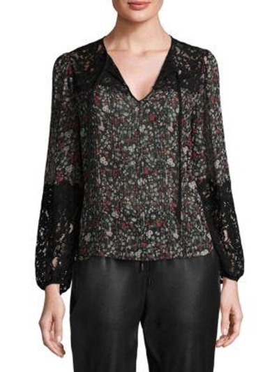 Rebecca Taylor Long-sleeve Floral-print Top W/ Lace Inserts In Black Combo
