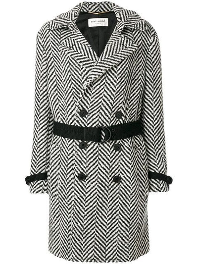 Shop Saint Laurent Chevron-stripe Double-breasted Coat In Black