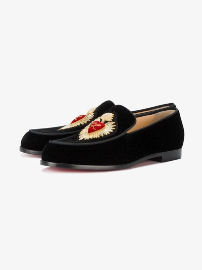 Shop Christian Louboutin Perou Corazon Velvet Loafers In Black