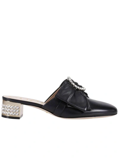 Shop Gucci High Heel Shoes Candy Slippers With Bow Detail With Crystal And Mirrored Heel In Black