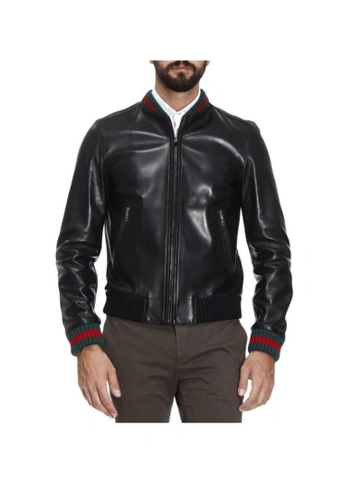 Shop Gucci Jacket Lambskin Bomber Jacket With Virgin Wool Finishes And Web Detail In Black