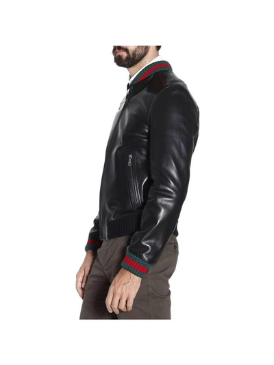 Shop Gucci Jacket Lambskin Bomber Jacket With Virgin Wool Finishes And Web Detail In Black