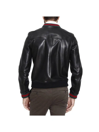 Shop Gucci Jacket Lambskin Bomber Jacket With Virgin Wool Finishes And Web Detail In Black