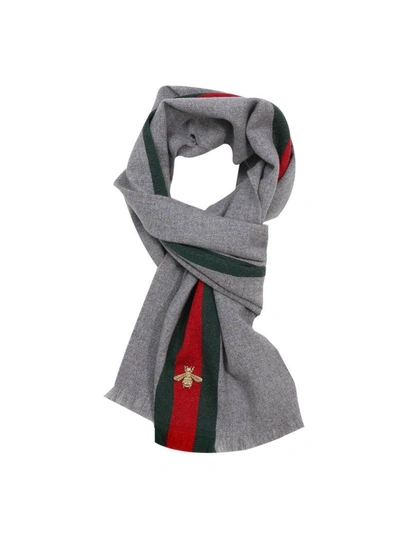 Shop Gucci Scarf Scarf 37 X 180 Cm In Cashmere Wool With Web And Bee Pattern In Grey