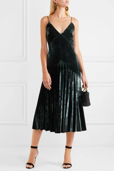 Shop Dion Lee Pleated Velvet Midi Dress In Emerald