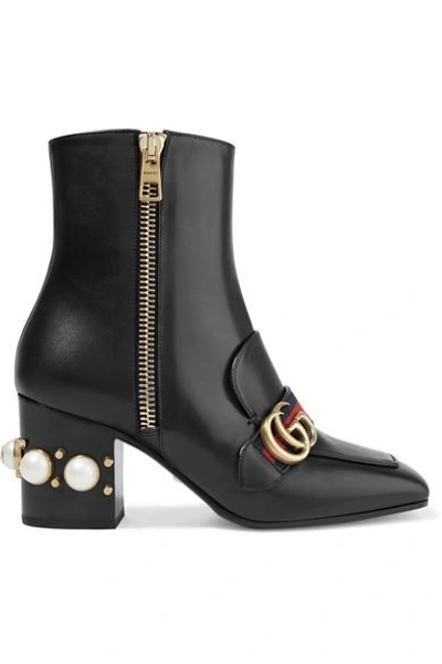 Shop Gucci Marmont Logo And Faux Pearl-embellished Leather Ankle Boots In Black