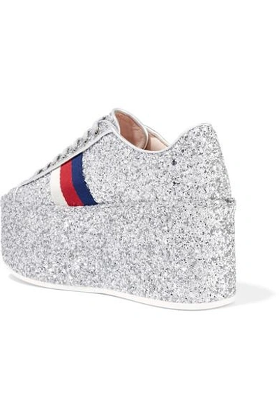 Shop Gucci Glittered Leather Platform Sneakers In Silver