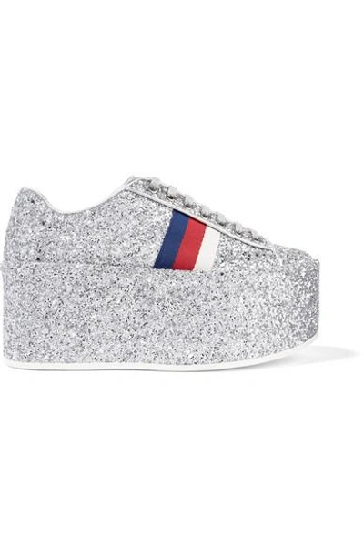 Shop Gucci Glittered Leather Platform Sneakers In Silver