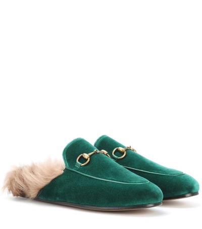 Shop Gucci Princetown Fur-lined Velvet Slippers In Green