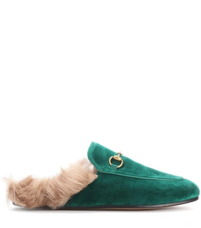 Shop Gucci Princetown Fur-lined Velvet Slippers In Green