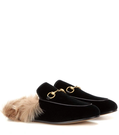 Shop Gucci Princetown Fur-lined Velvet Slippers In Black