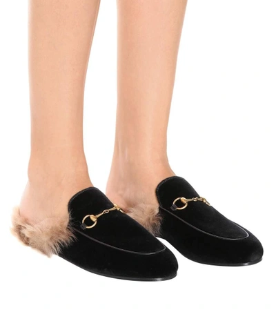 Shop Gucci Princetown Fur-lined Velvet Slippers In Black