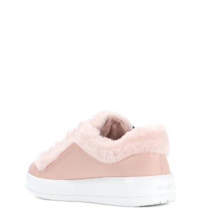 Shop Prada Shearling-trimmed Leather Sneakers In Pink