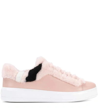 Shop Prada Shearling-trimmed Leather Sneakers In Pink