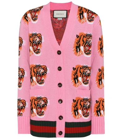 Gucci Wool Tiger Jacquard Cardigan, Pink | ModeSens