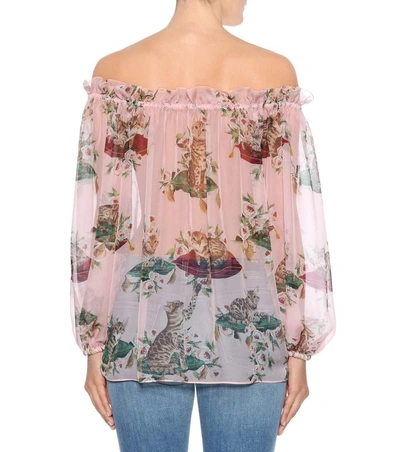 Shop Dolce & Gabbana Printed Silk Off-the-shoulder Top In Gatti E Rose Foedo Rosa