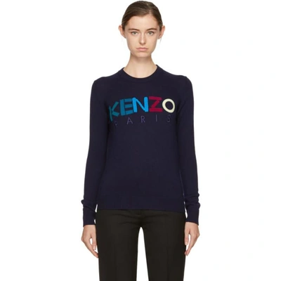 Shop Kenzo Navy Logo Sweater In 76 Navy Blue