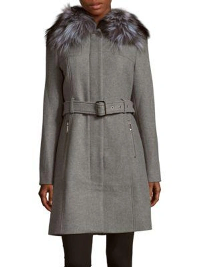 Shop Michael Kors Natural Fox Fur Collar Long Coat In Grey