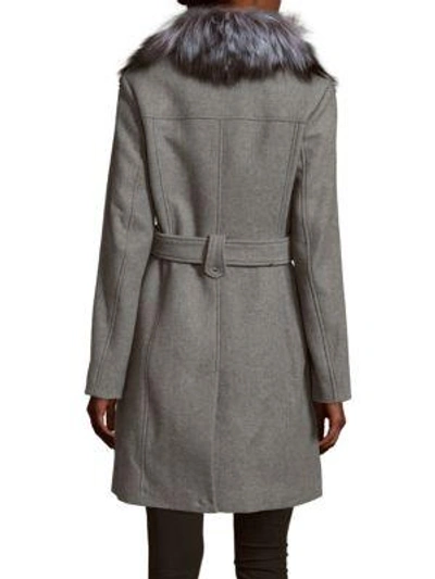 Shop Michael Kors Natural Fox Fur Collar Long Coat In Grey