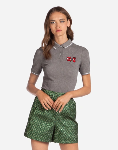 Dolce & Gabbana Cotton Polo Shirt With Patch In Gray