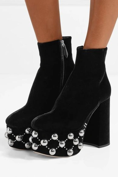 Shop Miu Miu Studded Velvet Platform Boots