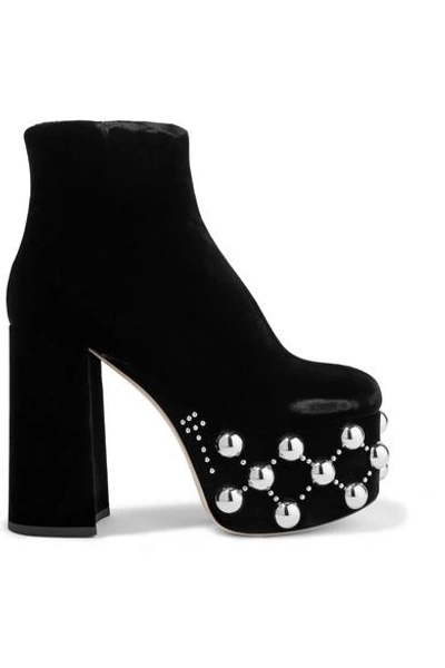 Shop Miu Miu Studded Velvet Platform Boots