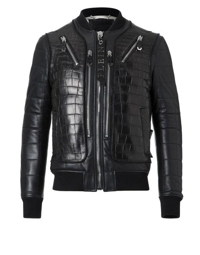Shop Philipp Plein Leather Bomber "jackie" In Black