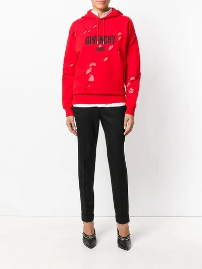 Shop Givenchy - Distressed Logo Print Hoodie  In Red