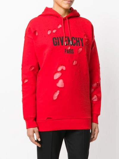 Givenchy Distressed Chiffon-paneled Cotton-jersey Hooded Sweatshirt In Red  | ModeSens