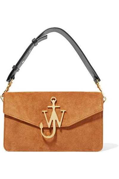 Shop Jw Anderson Logo Leather-trimmed Suede Shoulder Bag