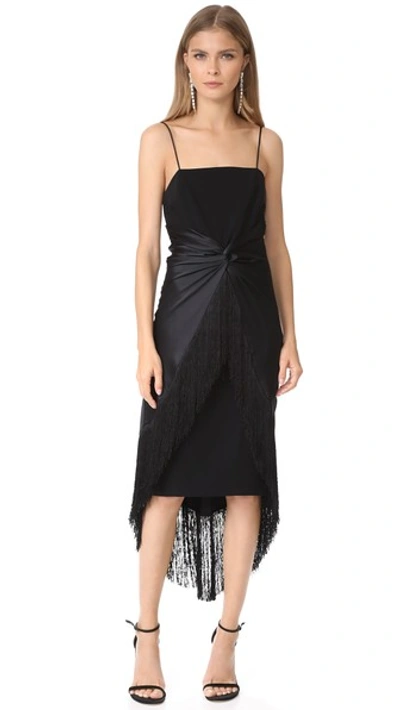 Cinq À Sept Woman Yolette Twist-front Satin-paneled Fringe-trimmed Crepe Dress Black