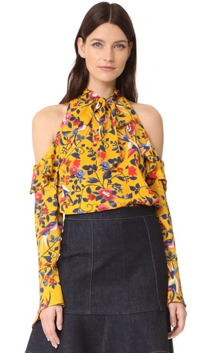 Tanya Taylor Adrienne Kimono Floral Silk Top In Marigold