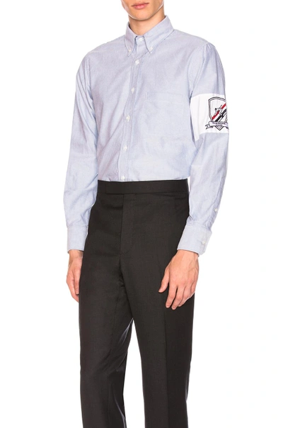 Shop Thom Browne Oxford Button Down With Embroidery Patch Arm Band In Blue
