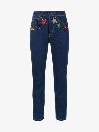 Shop Attico Sequin Stars High Waisted Cropped Jeans In Blue