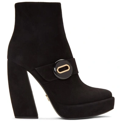 Shop Prada Black Suede Button Boots In F0002 Black