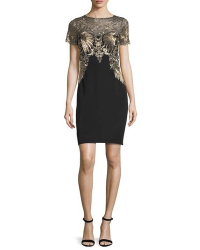 Marchesa Short-sleeve Embroidered Cocktail Dress, Black