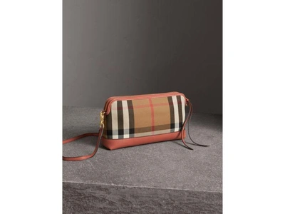 Shop Burberry House Check And Leather Clutch Bag In Cinnamon Red