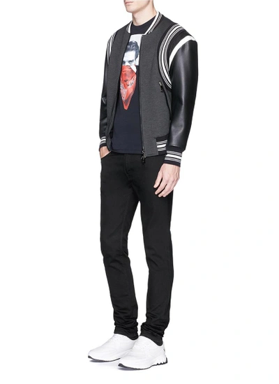 Shop Neil Barrett Faux Leather Sleeve Neoprene Bomber Jacket