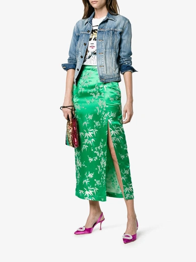 Shop Attico Silk Jacquard Floral Print Mid Length Skirt In Green