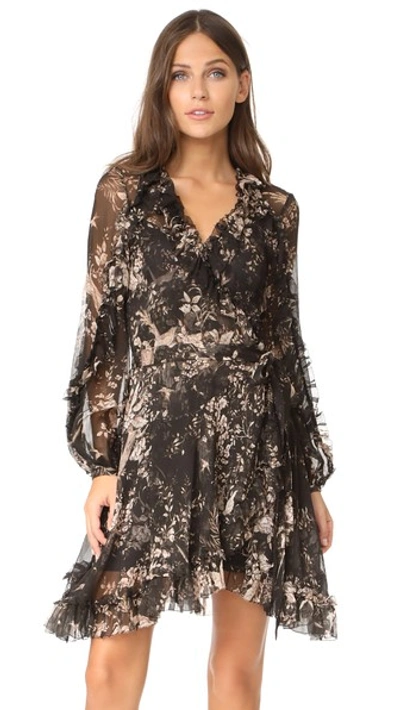 Zimmermann Maples Feathery Floral-print Silk Wrap Dress In Black/multicolor